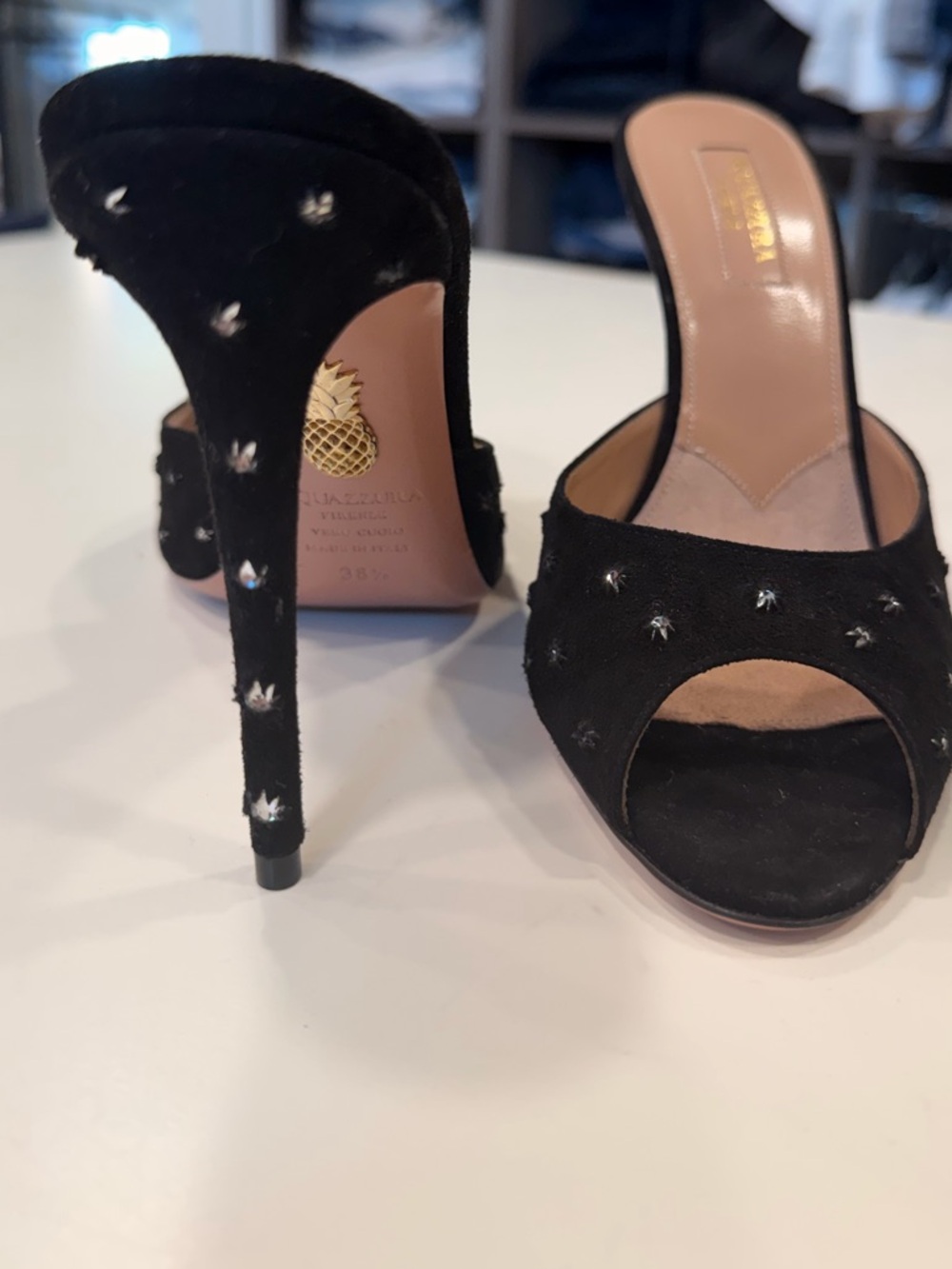 Never Worn Aquazzura Black Sparkle Studded Open-Toe High Heel Mules